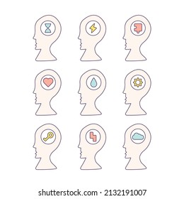 Perfiles de cabezas con varias emociones dentro. Pensivo, emocionado, desconcertado, enamorado, llorando, confuso, afortunado, inspirado, triste. Sentimientos y pensamientos humanos 