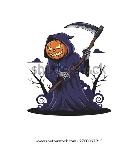 Head Pumpkin Grim Reaper, Halloween Scythe Warrior Illustration