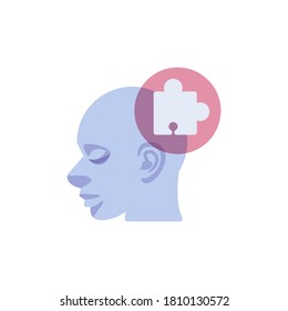 Head with puzzle flat icon, vector sign, problem solving colorful pictogram isolated on white. Symbol, logo illustration. Flat style design