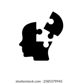 Head puzzle icon. Four jigsaw pieces. Creativity, inspiration, logical thinking. Human brain potential. Vector silhouette head puzzle four pieces, steps, parts. Business infographic concept.