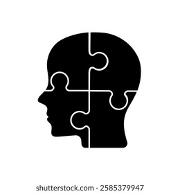 Head puzzle icon. Four jigsaw pieces. Creativity, inspiration, logical thinking. Human brain potential. Vector silhouette head puzzle four pieces, steps, parts. Business infographic concept.