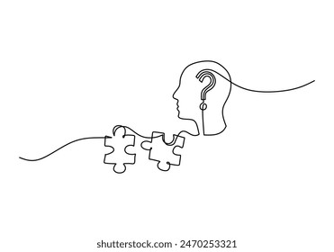 Cabeza con la pieza del rompecabezas dibujo de línea continua. Solución de problemas y metáfora de negocio. Una línea de dibujo de la pieza del rompecabezas para la idea, negocio, proceso de pensamiento, concepto de diseño de creatividad.