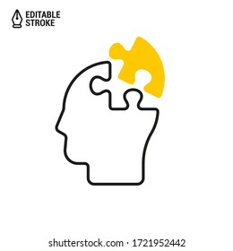 Head with puzzle piece icon. Concept of whole person. Vector outline icon with editable stroke