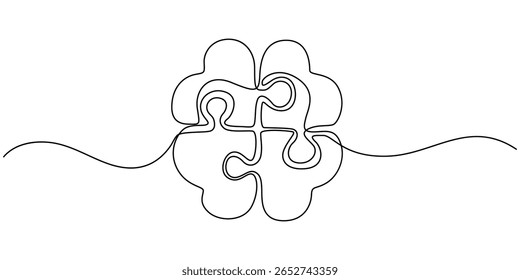 Kopf mit Puzzleteilen in einer Zeichnung. Die Lösung psychologischer Herausforderungen und die Suche nach Gleichgewicht, Alzheimer's Day einfachen Hintergrund, Web-Banner, Poster mit Gehirn und Puzzle. Eine durchgehende Linienzeichnung