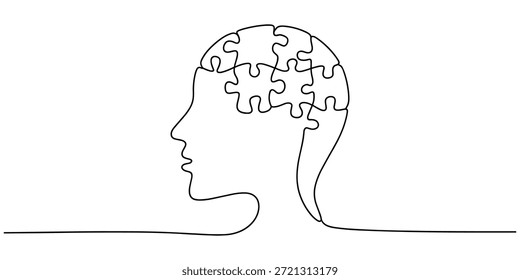 Head with puzzle pieces in one line drawing. Solving psychological challenges and finding balance, Alzheimer s day simple background, web banner, poster with brain and puzzle. One continuous line draw