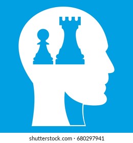 Head with queen and pawn chess icon white isolated on blue background vector illustration
