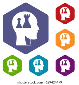 Head with queen and pawn chess icons set hexagon isolated vector illustration