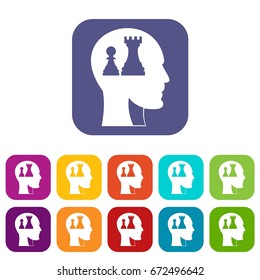 Head with queen and pawn chess icons set vector illustration in flat style In colors red, blue, green and other