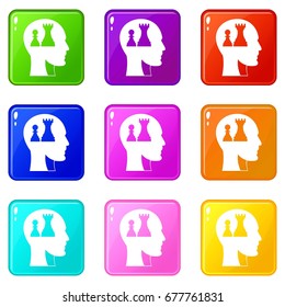 Head with queen and pawn chess icons of 9 color set isolated vector illustration