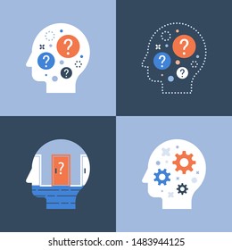 Head and question mark, decision making, critical thinking, brainstorm concept, psychology or psychiatry, take a quiz, vector icon, flat design illustration