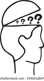 Cabeza con el signo de interrogación, ilustración de doodle vectorial dibujada a mano. Elemento de dibujo animado. Aislado sobre fondo blanco. Elemento simple dibujado a mano