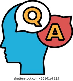 A head with a question mark and an A on it. The head is blue and red