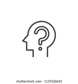 Cabezal con icono de contorno de signo de interrogación. signo de estilo lineal para concepto móvil y diseño web. Icono de vector de línea simple de fusión. Símbolo, ilustración del logotipo. Gráficos vectoriales perfectos para píxeles