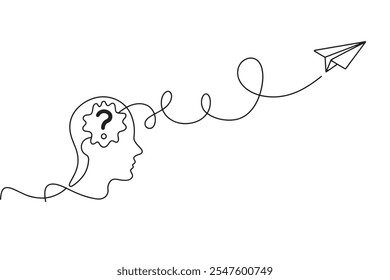Head with Question Mark and Paper Airplane Line Art  
