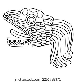 Head of Quetzalcoatl. Feathered serpent of Maya Indians. Native American dragon from Indigenous mythology. Black and white linear silhouette.