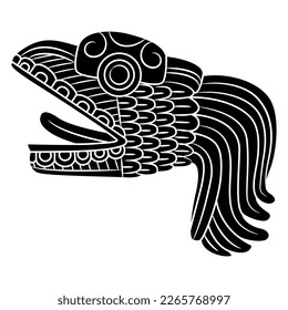 Head of Quetzalcoatl. Feathered serpent of Maya Indians. Native American dragon from Indigenous mythology. Black and white silhouette.