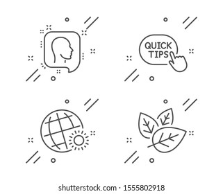 Head, Quick tips and World weather line icons set. Organic tested sign. Profile messages, Helpful tricks, Sunny. Bio ingredients. Science set. Line head outline icon. Vector