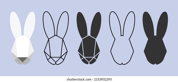 The head of a rabbit, a hare, a bunny icon in different styles, geometric logo design concept. Flat, outline, silhouette, polygon. Editable stroke.Vector illustration.