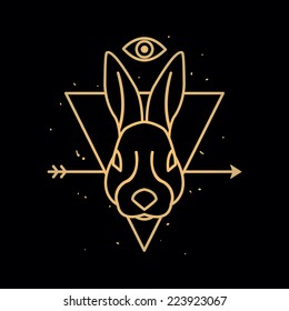Head of rabbit in triangle. Outline emblem and badge - vector symbol