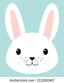 Head of a rabbit is white with a black nose and straight whiskers, large ears, beady eyes. Cartoon style.isolated on blue background. Banner or greeting card, poster, decor. Vector illustration