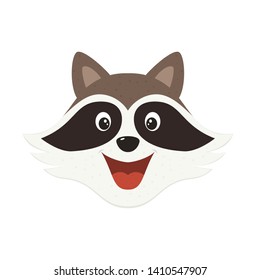 Head of raccoon in cartoon style. Happy animal isolated on white background, can be used for children's clothing design, t-shirts, sweatshirts, illustration.