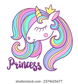 Head of a rainbow unicorn with a crown. Inscription princess. For children's design of prints, posters, cards, stickers, T-shirts, cups, etc. Vector illustration