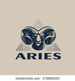 The head of a ram or Aries. Swirling horns, looking gloomy. Back triangle with stars. Zodiac sign.
