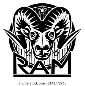 Head of ram with decorations and inscription. Template for design. Monochrome vector illustration.