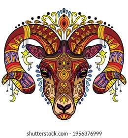 Head of ram with doodle and zentangle elements. Abstract vector colorful illustration isolated on white background. For design, print, decor, tattoo, t-shirt, puzzle, poster, porcelain and stickers.