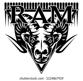 Head of ram with an inscription. Template for design. Monochrome vector illustration.