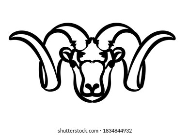 Cabeza del carnero. Dibujo de línea. Ilustración en blanco y negro. Vector.