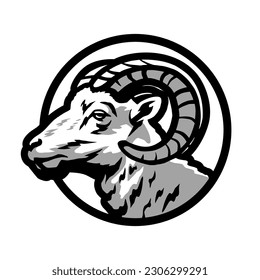 The head of a ram. Round logo, emblem.