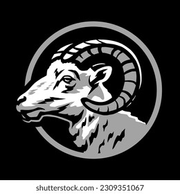 The head of a ram. Round logo, emblem on a black background.