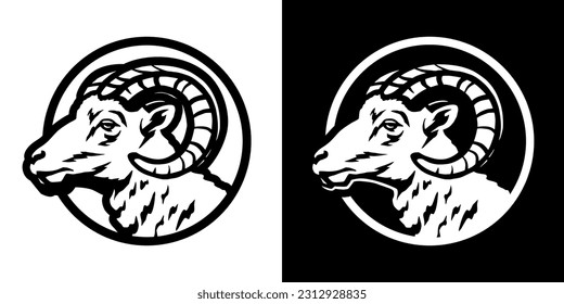 The head of a ram. Round logo, emblem on a black background.