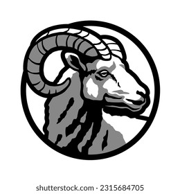 La cabeza de un carnero. Logo redondo, emblema.