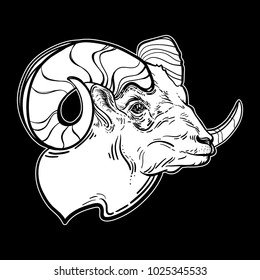 The head of a RAM, sheep. Vector illustration, isolated. Aries constellation, zodiac sign, astrology. Wild animal. Tattoo. Horoscope. Drawing coloring.  Stubborn character. Symbol. Art. Print.