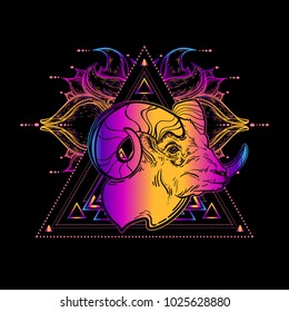 The head of a RAM, sheep. Vector illustration, isolated. Aries constellation, zodiac sign, astrology. Wild animal. Tattoo. Horoscope. Drawing coloring.  Stubborn character. Print. The symbol of fire. 