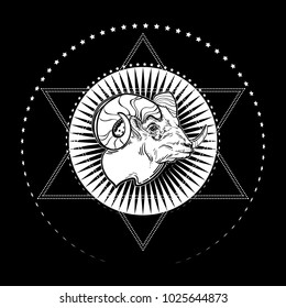 The head of a RAM, sheep. Vector illustration, isolated. Aries constellation, zodiac sign, astrology. Wild animal. Tattoo. Horoscope. Drawing coloring.  Stubborn character. Print. The symbol of fire. 