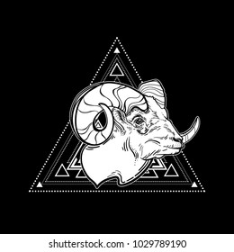 The head of a RAM, sheep. Vector illustration, isolated. Aries constellation, zodiac sign, astrology. Wild animal. Tattoo. Horoscope. Drawing coloring.  Stubborn character. Print. The symbol of fire. 