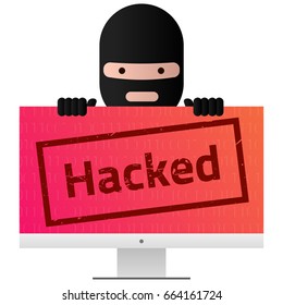 Head of the ransomware. Virus encryptor. Stamp Hacked on pc screen.  Editable eps10 Vector. White background.