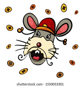 Head Rat or Mouse and rain from coins yuan. Chinese Doodle, Vector Illustration in Cartoon style