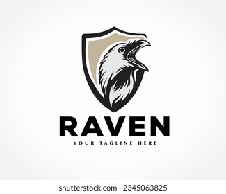 head raven bird at shield logo symbol design template illustration inspiration