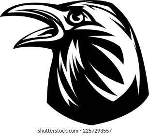 Head of raven. Crow abstract character illustration. Graphic logo designs template for emblem. Image of portrait for company use or tattoo.