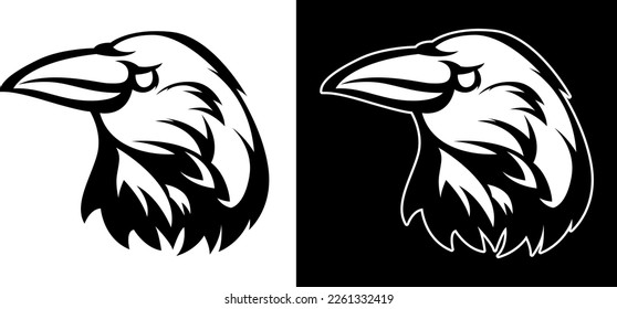 Head of raven. Crow abstract character illustration. Graphic logo designs template for emblem. Image of portrait for company use or tattoo.