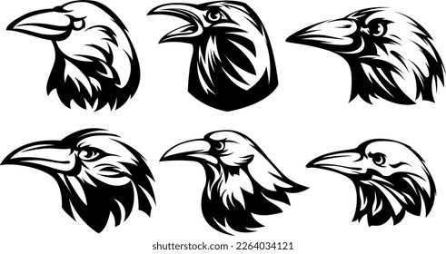 Head of raven. Crow abstract character illustration. Graphic logo designs template for emblem. Image of portrait for company use or tattoo set.