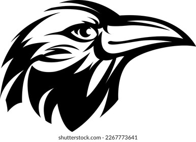 Head of raven. Crow abstract character illustration. Graphic logo designs template for emblem. Image of portrait for company use or tattoo.