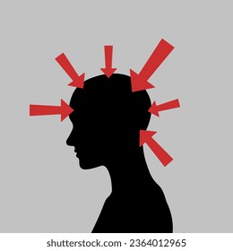 Cabeza y flechas rojas. Cefalea, muchos problemas, migraña. Ilustración vectorial.