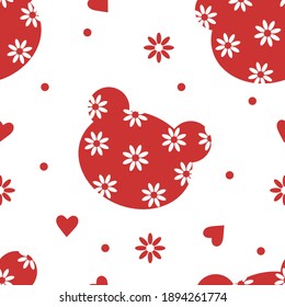 Der Kopf eines roten Bären mit Blumen auf weißem Hintergrund. Nahtlose Muster für Textilien, Bekleidung, Deckel, Gleiter, Wickelpapier. Vektorgrafik.