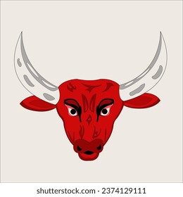 The head of a red bull on a white background