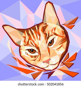 The head is a red cat with brown serious, eyes low poly style. The pattern of triangles. The head of the animal from decorative triangles. Low poly design. vector